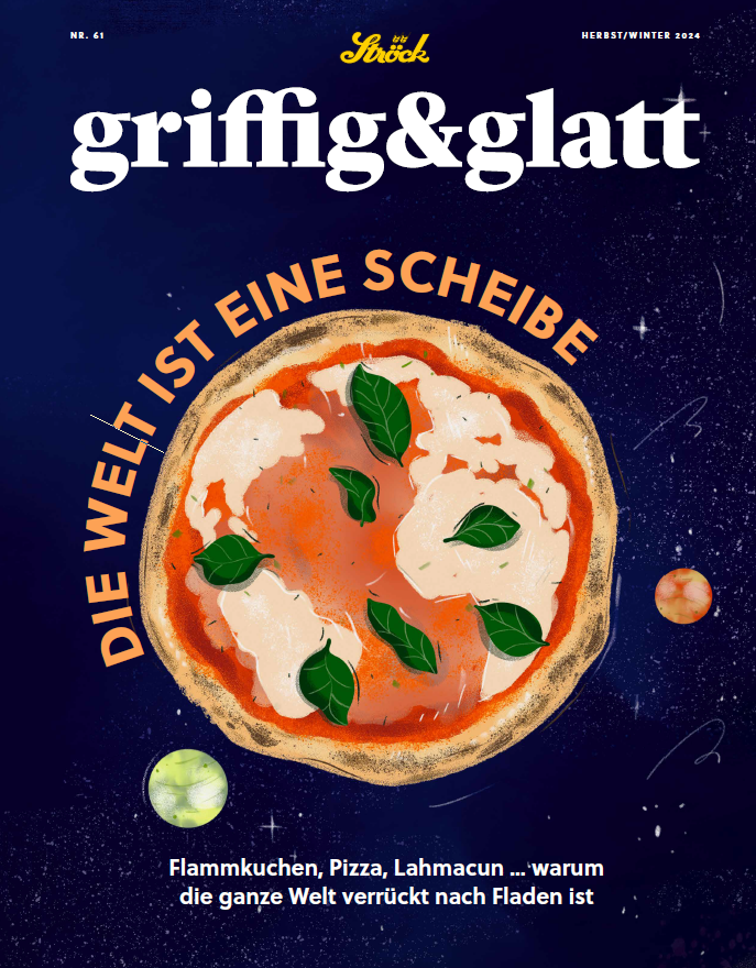 Eine Pizza auf einem dunkelblauen Hintergrund mit Planeten, der an den Weltraum erinnert. Ein fetter orangefarbener Text in Deutsch umkreist die Pizza: Die Welt ist eine Scheibe. Darunter wird in weißem Text auf Fladenbrote wie Flammkuchen, Pizza und Lahmacun hingewiesen.